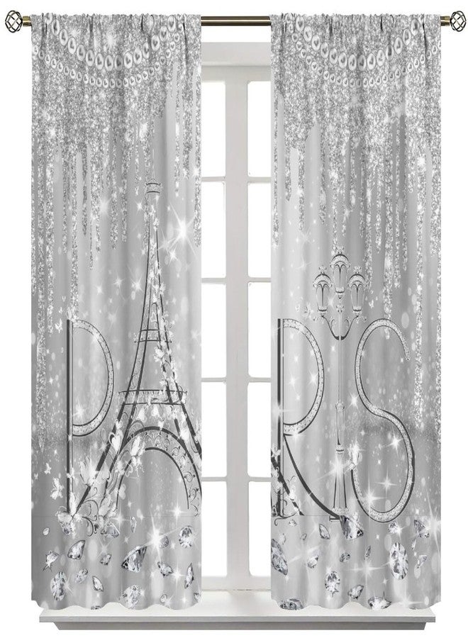 AAVEUP Paris Curtains for Girls Silver Glitter Diamond Romantic Eiffel Tower Waterproof Curtain Luxury Pearls and Jewels Windows Treatments for Bedroom Living Room Kitchen Bathroom 42x45in（No Blackout） - Image 2